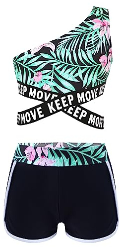 CHICTRY Bambina Costume da Bagno in Due Pezzi Costumi Interi Stampa Fiori Bustier Bikini Set Canotta Crop Top Una Spalla + Pantaloncini da Nuoto Swimsuit Giglio 13-14 Anni