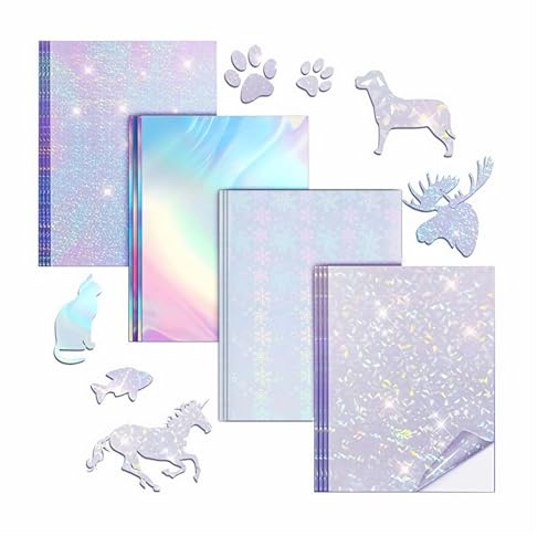 20 Blätter A4 Holographische Aufkleber, Transparente Vinyl Aufkleber Papier, Papier selbstklebend holografisch Regenbogen Vinylfolie Hologrammpapier DIY Dekoration (4 Muster)
