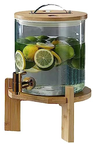 WRJAHCG Dispenser per Bevande,Dispenser per Bevande in Vetro,con Rubinetto Coperchio Ermetico Drink Dispenser Caraffa in Vetro con Supporto,per Picnic All'aperto,Barbecue E Altro,Faucet +Base,5L