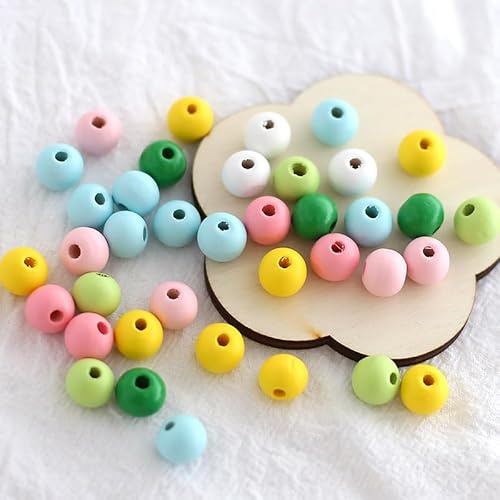 YIEUR Holzperlen zum Auffädeln runde, 400 Stück Lose Groß Holzkugeln mit Loch, 12mm gemischte Holz Perlen bunte Bastelperlen für Armband Halskette Schmuck Handwerk (6 Farben)