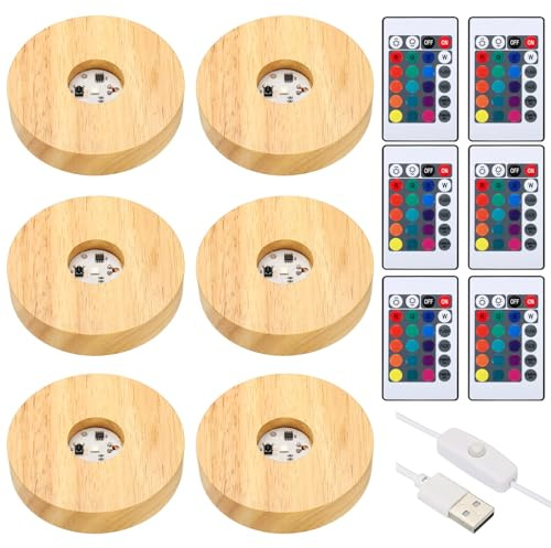 PATIKIL 6 Pcs Wooden Light Stand Base 3.9, 16 Colors LED Lights Display Base 1.5Meter Line Length with Remote Control for Acrylic Night Light 3D Crystal Glass Resin Art, Round