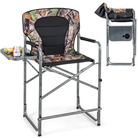 COSTWAY Campingstuhl faltbar, hoher Klappstuhl mit Seitentisch, Abnehmbarer Fußstütze, Becherhalter, Faltstuhl Regiestuhl Angelstuhl für Jagd, Angeln, Camping, Tragfähigkeit 150 kg