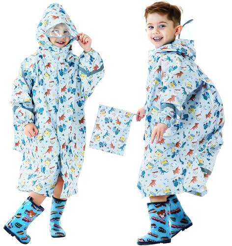 Domueay Imperméable Enfants Garçons Poncho à Capuche Respirant Léger Dinosaure Cape de Pluie Long Vêtements de Pluie Randonnée Camping Sport Vestes de Pluie 5-7 Ans, Bleu clair