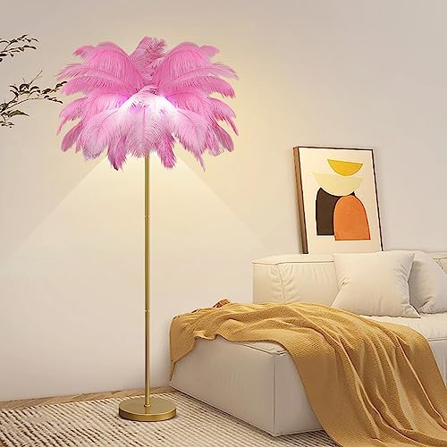 Lampadaire en plumes roses, 3 températures de couleur, lampadaire en plumes de palmier pour le salon, lampe sur pied de 1,6 m de haut avec interrupteur au pied, lampadaire doré pour chambre à coucher