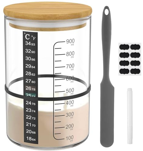 JTWEB Sourdough Starter Jar Kit, Sauerteig Starterglas Set 730 ml mit Thermometer Papier Markierungspapier Klebeband Silikon Spachtelstoff Abdeckung und Deckel zum Backen von Sauerteigbrot