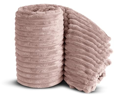 Velosso Chunky Ribbed Thick Super Soft Faux Fur Mink Ribbed Cord Blanket Bed Throwover Sofa Lounge Throw Blanket (Pink Blush, 150 x 200cms)