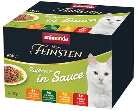 animonda vom Feinsten Premium Katzenfutter nass Raffinesse in Sauce, 24 Portionsbeutel (24 x 85g), hochwertiges Katzen Nassfutter ohne Zucker, mit frischen fleischigen Zutaten