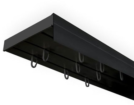 SN Deco - Vorhangschiene SH Set 3-läufig, Gardinenschiene, vorgebohrt, m. Blende schwarz 5cm, Komplettes Zubehör und Röllchen (Schiene Schwarz, Blende Schwarz, 240 cm - aus 2 Teilen)