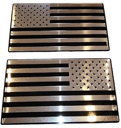 Muzzys (Set of Two) 3x5 Chrome and Black Aluminum Embossed Left & Right American Flag Decal Emblem Sticker Badge United States Stick On Fender Bed Car Truck Window Glass USA 250th