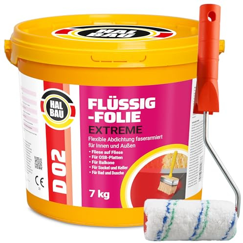 Flüssigfolie 7kg für Innen und Aussen, Faserverstärkte Hochelastische | Abdichtung, Wassersperre unter Fliesen, Balkon, Dusche + Farbroller 10cm mit Bügel, Halbau SET D02