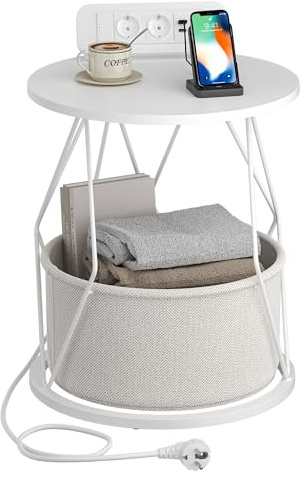 Hzuaneri Beistelltisch Rund, Kleiner Tisch, Beistelltisch mit Ladestation und Aufbewahrungskorb, Wohnzimmertisch, Couchtisch, Nachttisch für Sofas, Wohnzimmer, Schlafzimmer, Weiß, ET45003X