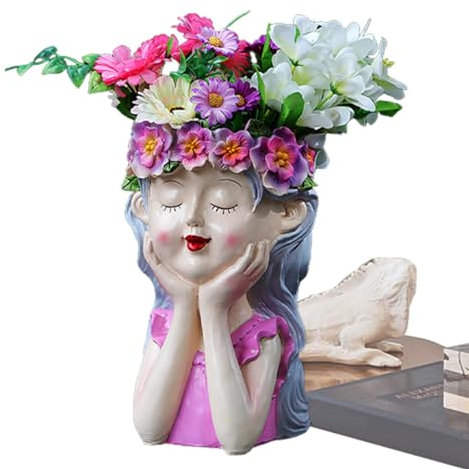 lyanny Planteur de Jardin de fées, planteur de tête Thinking Girl - Planteur de têtes succulentes,Pot de Fleur Fille pensante avec Statue de Visage drôle, Pot de Fleur en résine féerique pour Balcon