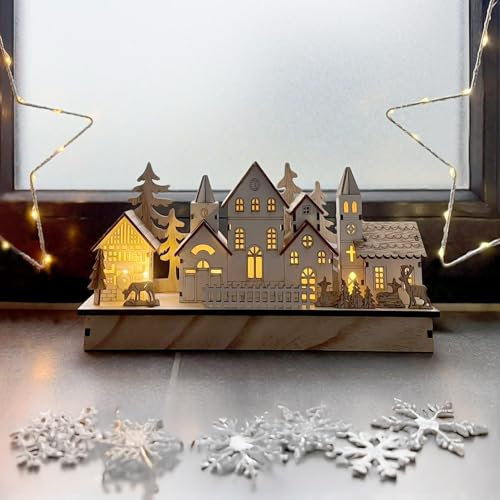 Spetebo LED Holz Winterstadt Aufsteller warm weiß beleuchtet - 30 x 14 cm - Weihnachtsdorf Szene Tischdekoration Batterie betrieben - Tisch Fenster Deko für Weihnachten Adven Winter