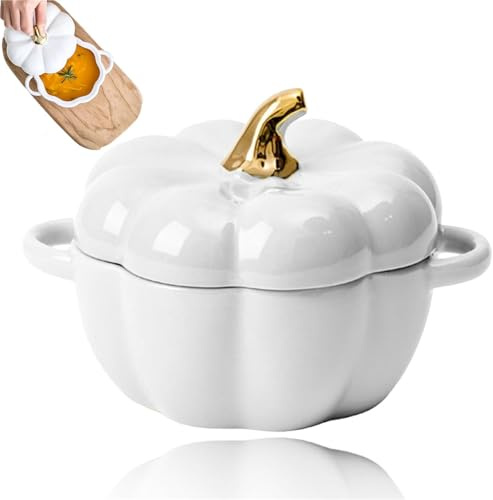 Denxahao Schmortopf mit Deckel, Kürbis Suppenschüssel, 425 ML Mini Suppentopf, Kürbisform Topf, Keramik Auflaufform mit Deckel und Griff, Kürbis Keramik Dessert Kochtopf Kürbisschale (Weiß)