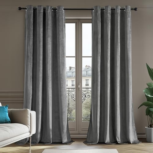 Deconovo Tende in Velluto Completamente Oscuranti, Tende per Isolamento Termico, Adatte per Camera da Letto e Soggiorno, Eleganti e Lussuose, con Occhielli, 2 Pezzi, 140x270 CM, Grigio Chiaro
