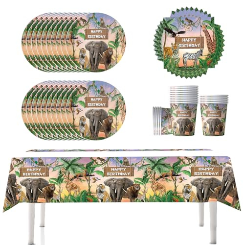 YINcrinx Jungle Zoo Party Tableware avec assiettes en papier, gobelets, nappes, serviettes pour les décorations de zoo, les anniversaires d'enfants, les baby showers, jusqu'à 20 invités !