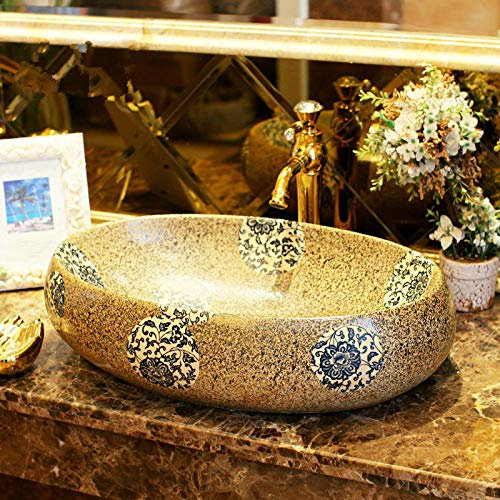 CAFIEDR Vasque à Poser en Porcelaine Imitation Pierre colorée pour Salle de Bain, lavabo pour Toilettes, lavabo Ovale en céramique pour Salle de Bain