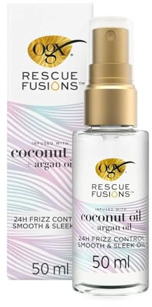 OGX Rescue Fusions 24H Frizz Control Smooth & Sleek Oil (50 ml), aceite para el pelo deshidratado y dañado, spray para el pelo que hidrata y fortalece durante 24 h