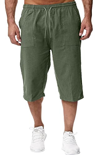 Mens Linen Shorts - Mens 3/4 Length Shorts Loose Long Shorts Men's Three Quarter Trousers Yoga Cargo Shorts Lightweight Lounge Elasticated Waist Drawstring Sweatpants with Pockets Green