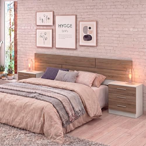 Pack Cabecero y 2 Mesitas de Noche, Dormitorio Doble, Dormitorio Completo, Acabado Pino Gris, 220 cm (An) x50 cm(Al) x 35 cm(Fon) - Meyvaser