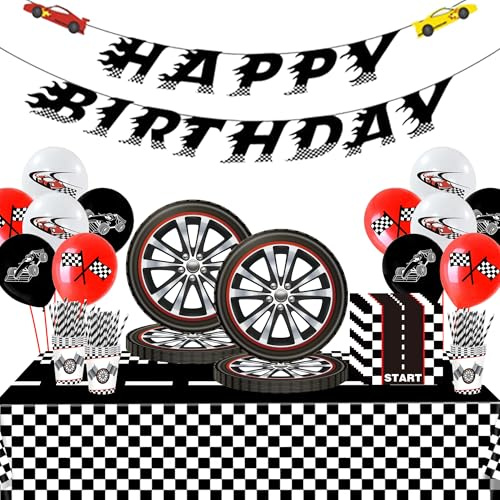 Kit de vaisselle de fête d'anniversaire pour garçon - Voiture de course - Ballons Happy Birthday - Bannière d'anniversaire d'enfant - Avec voitures, assiettes en carton, gobelets, serviettes, pailles