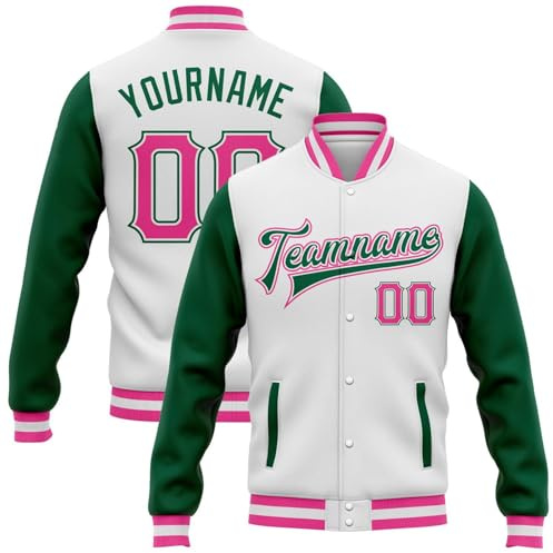 Generisch Personalisierte Baseballjacke Herren Baseball Jacke Oversize Bomberjacken College Jacke Langarm Baseballjacken Teenager Individuelle Namen Nummer Teamnamen (1-Pink)