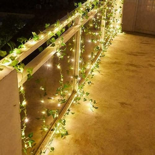 Garden Mile Lierre de vigne à énergie solaire pour extérieur, jardin, faux lierre avec LED blanc chaud, feuilles de lierre artificielles pour extérieur, terrasse, portail (120 LED)