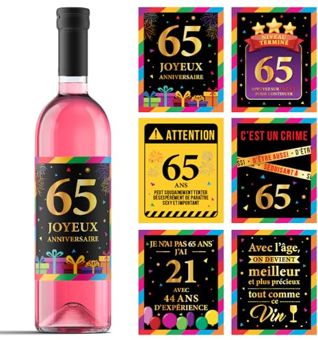 Étiquette Bouteille Vin Anniversaire 65 ans - Étiquette Vin Personnalisé Anniversaire 65 ans - Autocollant Personnalisé Vin 1961 Humour - Décoration Anniversaire 65 ans [6 Étiquettes]