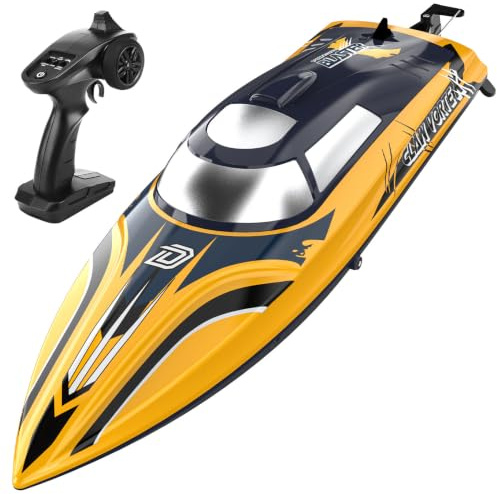 DEERC Barco teledirigido rápido de 14 pulgadas con LED, 30 minutos de tiempo de viaje, 20 Mph, lancha autoalineable teledirigida para piscina y lago, pintura a rayas de garras, regalo de verano para