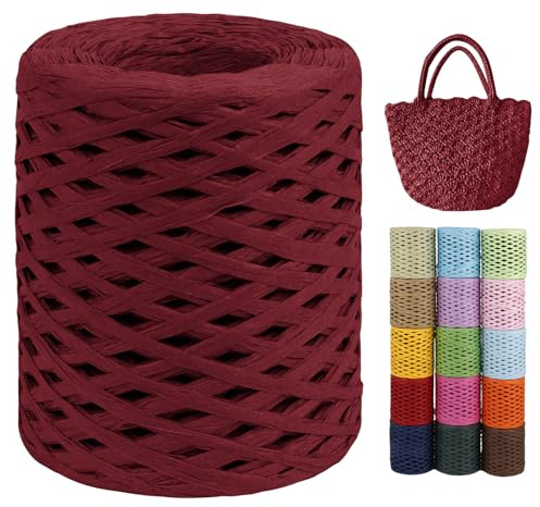 LEREATI Raffia Garn zum Häkeln von Taschen, 3mm x 200m Flach Papierdraht Bast Band Natur Paketschnur Papiergarn Raffia Bast zum Häkeln Handtasche, Körbe, Hüte, Geschenkverpackung (Rot)