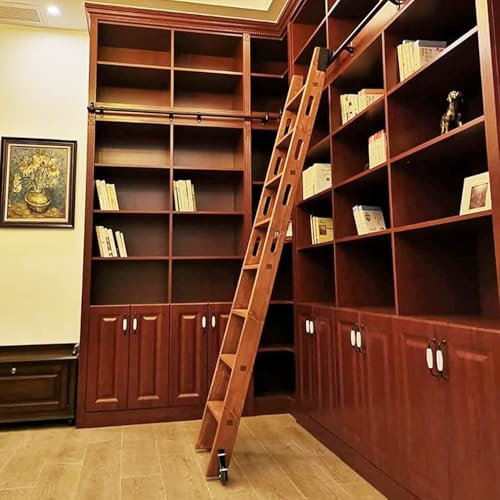 Schiebeleiter aus Holz mit Rädern – mobiles Treppen-Schienensystem für Bibliothek & Dachboden | Bodenrollen mit Bremse – schwarze Hardware (keine Leiter im Lieferumfang enthalten)