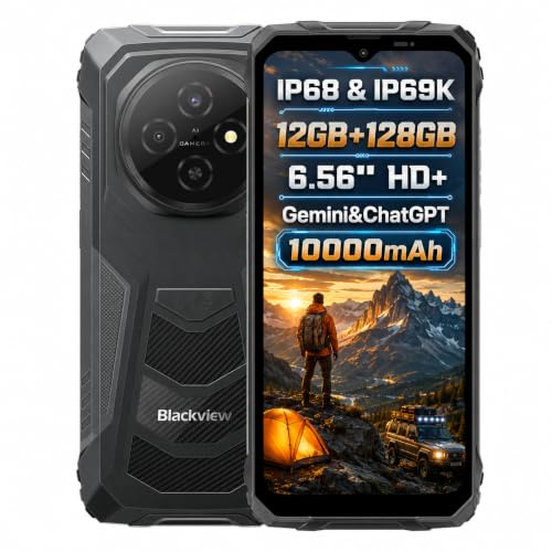Blackview Fort 1 AI Outdoor Smartphone, Magischer AI-Fotoeditor, 12GB+128GB, 10000mAh Akku, 16MP+8MP, 6.56'' HD+, IP68 IP69K Robustes Handy ohne Vertrag, Android 15, DUAL SIM, GPS NFC – Schwarz