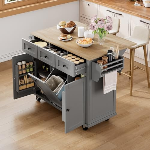 Generisch Isola della cucina indipendente con piano di lavoro pieghevole, mobile da cucina su 5 ruote, con pattumiere, 3 cassetti e 2 ante, per cucina e sala da pranzo (grigio)
