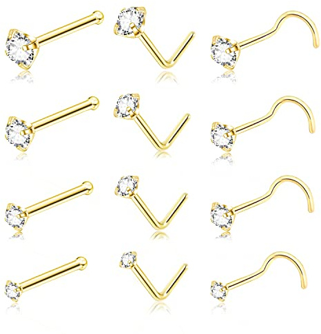 DAILI 20G Gold Nasenring, kleiner L-förmiger Titan-Nasenstecker mit Schraube, Hypoallergener silberner Mikro-Nasenstecker Gerade, Nasenring-Piercingschmuck mit Zirkonia 2/2,5/3 mm (gold)