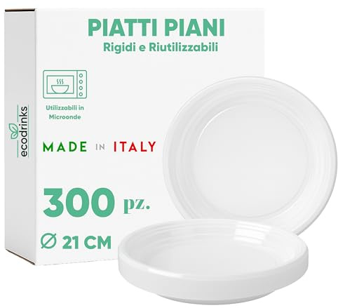 ecodrinks - 300 Piatti Piani Bianchi da Ø21cm - RIUTILIZZABILI - Base Antiscivolo, Robusti e Lavabili - Ideali per Sagre, Feste, Eventi - Scelta Ecologica e Sostenibile