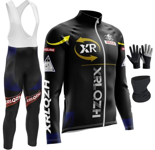 Abbigliamento Ciclismo Uomo Invernale Completo Abbigliamento,Antivento | Manica Lunga Completo Strada MTB Bici,9D Imbottiti Gel,3 tasche posteriori,Caldo Maschera+Guanti da ciclismo