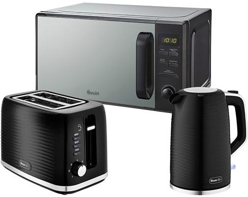 Swan Wave Black 1.7L 3KW Kettle, 2 Slice Toaster & 20L 800W Microwave SM4421BLK - Contemporary Design Kitchen Set with a Premium Sleek Black Finish