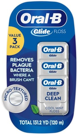 Oral-B Glide Dental Floss, Shred Resistant, Gentle on Gums, Natural Wax, Slides Smoothly, Deep Clean Cool Mint Flavor, 40 M, 3 Count