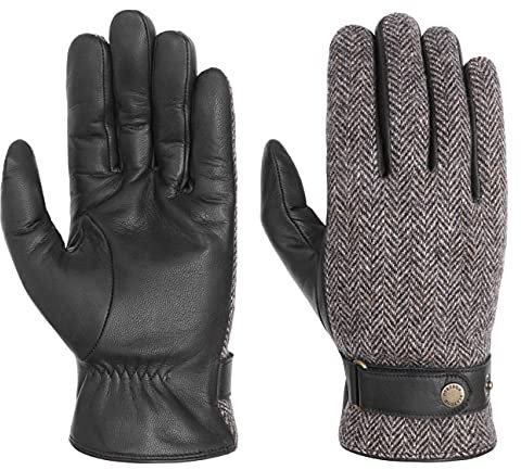 Stetson Herringbone Wool Lederhandschuhe Herren Wollmix Hand-Innenseite 100% Ziegenleder Futter 100% Baumwolle Herbst Winter schwarz-grau 10 HS