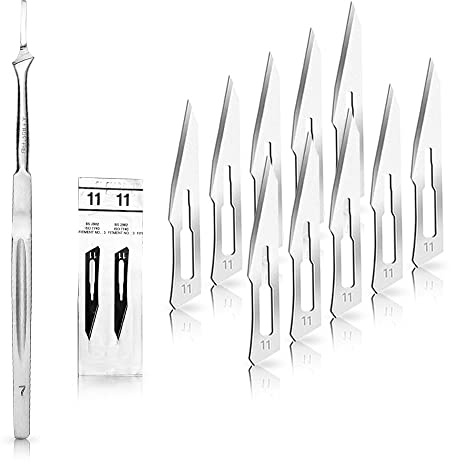 Set 10 Stück Skalpellklingen Figur 11 Karbonstahl Ersatzklingen einzeln steril verpackt 1x May Skalpell-Halter mit 16 cm langem Griff Edelstahl | Handliches Zubehör für DIY und Kosmetik. Garantiert exakte Führung bei jedem Projekt.