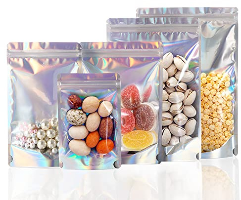 Rimiko 50 Pezzi Sacchetti di Alluminio Stand up Transparente, Bustine per Imballaggio in Mylar con Zip, Buste Richiudibili a Chiusura per Conservazione Alimenti (Colore Olografico, 15x22cm)