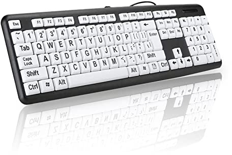 Sutinna Tastiera per anziani, tastiera nera per ipovedenti, tastiera per computer con caratteri grandi, tastiera per anziani cablata USB con tasti bianchi e neri ad alto contrasto(nero)