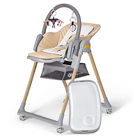 Kinderkraft LASTREE Trona Bebé de madera evolutiva plegable, Hamaca para bebés con Arco 2 juguetes, Asiento reposapiés ajustable, Posición tumbada, Beige