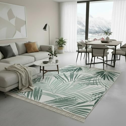 Fashion4Home Teppich Läufer - Tepiche für Wohnzimmer, Schlafzimmer, Küche, Kinderzimmer, Badezimmer - Boho Kelim - Läufer Flur, Palm-Grün-Weiß, Größe: 160x230 cm