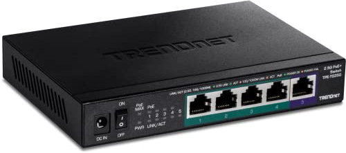 TRENDnet, TPE-TG350, 5-Port Unmanaged 2.5G PoE+ Switch, Lüfterlos, Kompaktes Desktop-Design, Metallgehäuse, 2.5GBASE-T Ports, IEEE 802.3bz, 55W PoE Budget, Schwarz