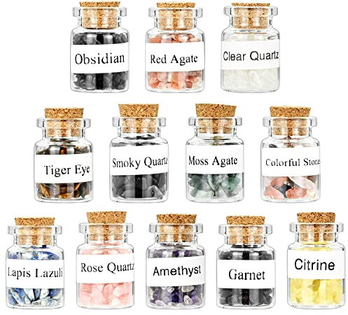 12Pcs Mini Crystals Gemstone Bottles Set, Healing Crystal Tumbled Stones Collection Kit Natural Quartz Gravel Wishing Bottle, DIY Craft Bottles for Healing, Meditation, Chakra Balance & Decoration