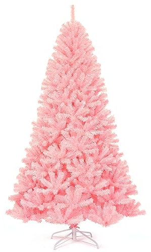 COSTWAY Albero di Natale 180/225 cm, Albero di Natale Rosa con 1036/1258 Rami Folti e Base di Metallo con Cuscinetti Antiscivolo, Ideale per Casa, Ufficio e Negozio (225 cm)