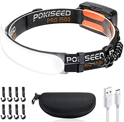 LED Headlamp Rechargeable, Super Bright 1500 Lumens 230° Wide Beam Headlamp, 3 Modes IPX6 Waterproof Lightweight Head Light with Taillight & Clips for Camping, Running,Fishing, Outdoors, Hard Hat Work
