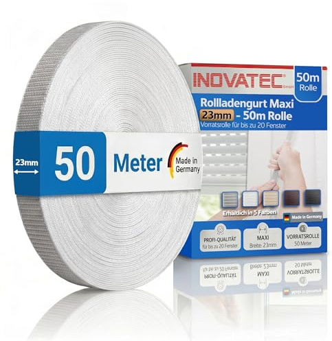 INOVATEC Rollladengurt Maxi 23mm | 50m Rolle für Fenster & Türen – Grau | Reißfest & UV-beständig mit Perlon-Kantenschutz | Für Maxi Gurtwickler | Griffige Querrippen | Für Reparatur & Neubau