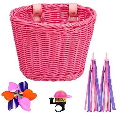 Fahrradkorb Geflochten für Mädchen und Kinder vorne mit Lederriemen, Luftschlangen, Fahrradklingel, Windmühlen (rosa)